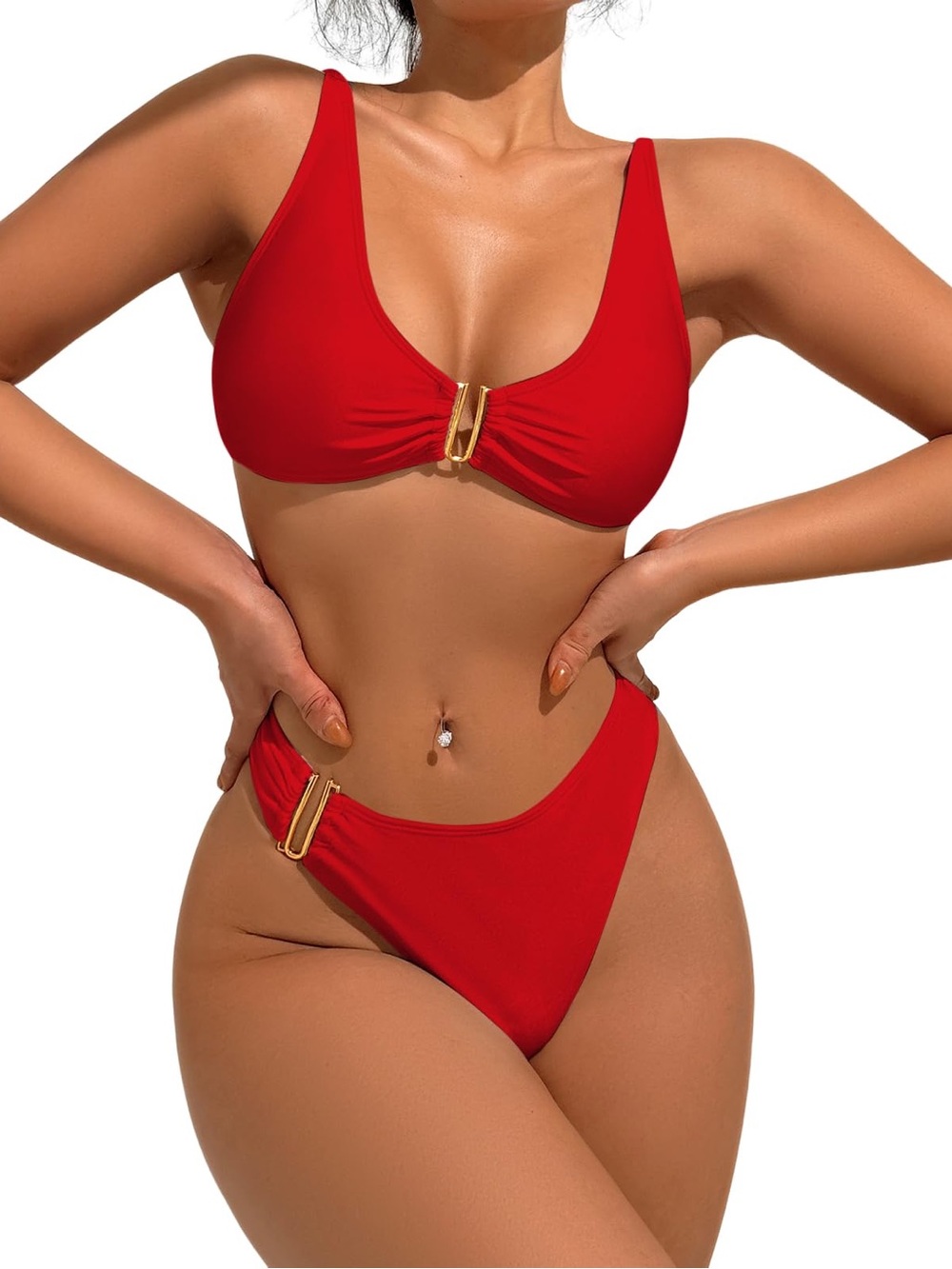Red Gold-Accent Bikini Set - Women Swim